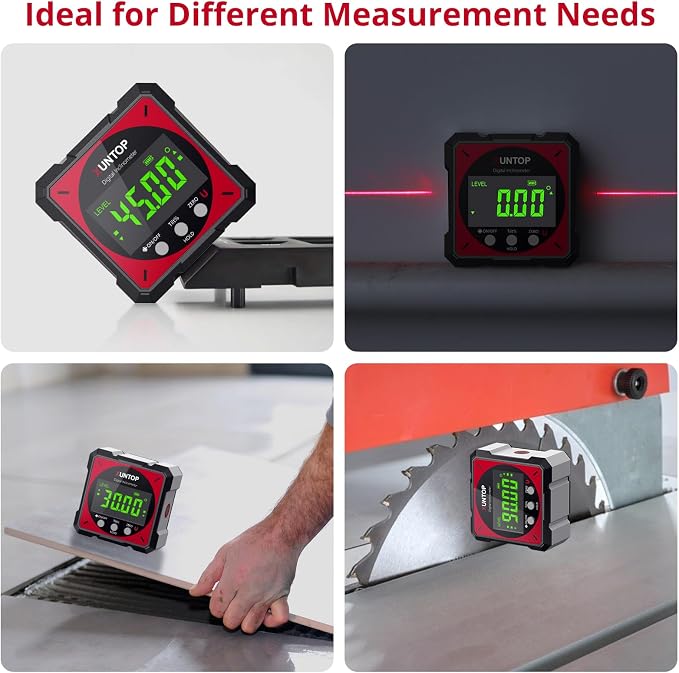 XUNTOP USB Charging Digital Angle Finder Level Box with Laser (Class 2, <1mW Output), 4-side Strong Magnetic Angle Gauge IP54 Waterproof Inclinometer Level for Hanging Decorations Woodworking