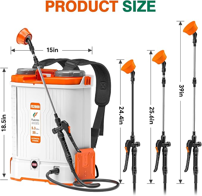 Battery Powered Backpack Sprayer 5.3 Gallon for Lawn, Garden, Yard | Built-in Mixing System,5.3GAL,45-90PSI Adjustable Pressure,6 Hours Long Battery Life,6 Spray Nozzles,39" Telescopic Wand
