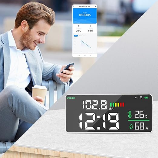 LED Decibel Meter for Tuya 2.4G Wall Mounted Sound Level Monitor 30-130 dBA with Temperature Humidity Display 2000mAh Battery for Home Office Studio Classroom