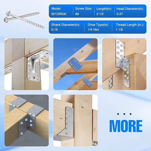 200-QTY #9 x 2-1/2" Joist Hanger Connector Screws,Replace 9212R200 Joist Hanger Screws & 10DNails,1/4" Hex Socket Wood Screws 0.370"-Dia Deck Screw Heavy‑Duty Deck Screw 500-Hour Salt Spray Rust Test