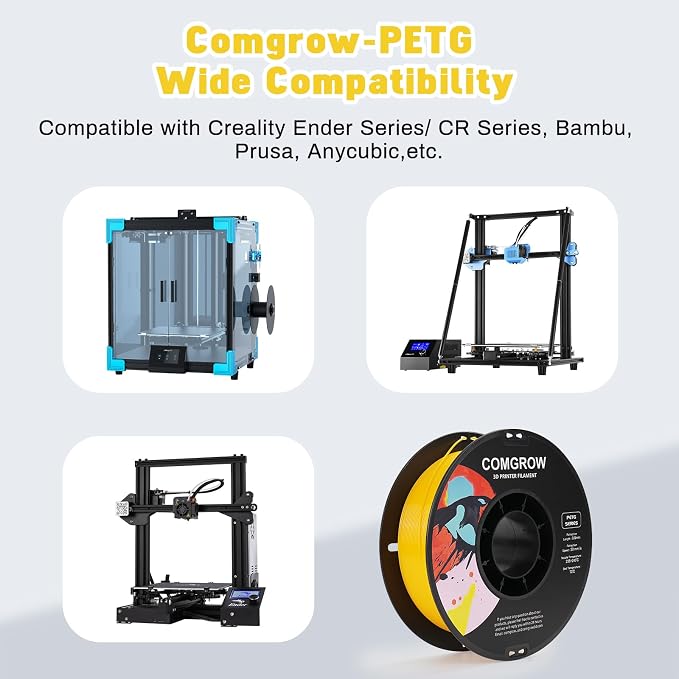 Comgrow PETG 3D Printer Filament 1.75mm, High Precision and Tough 3D Printer Filament 1kg (2.2LBS), Dimensional Accuracy +/- 0.02 mm, Fit Most 3D Printers Yellow