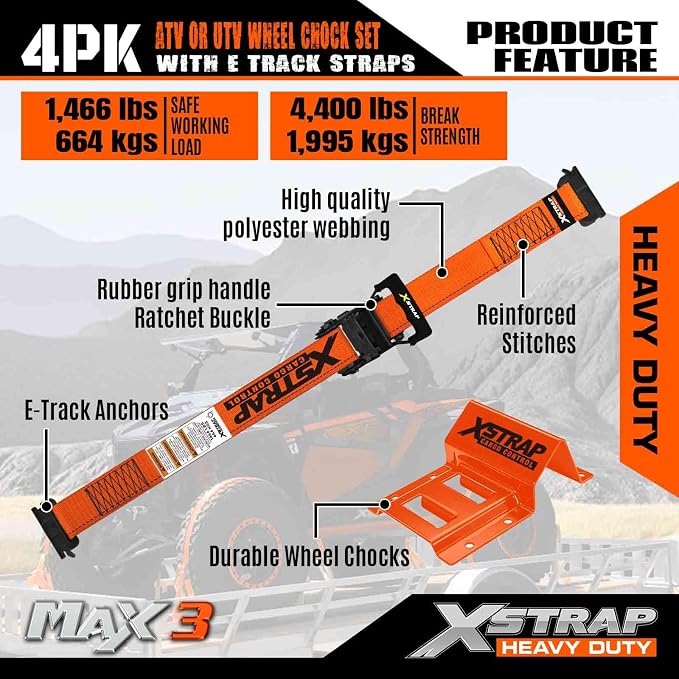 XSTRAP STANDARD Wheel Chock E-Track Tie Down Straps Kit, 4 Pack 2" x 9FT Over-The-Tire Ratchet Straps with Steel Wheel Chocks, 1466 lbs WLL for ATV, UTV, Lawn Mower, Trailer Hauling, Orange