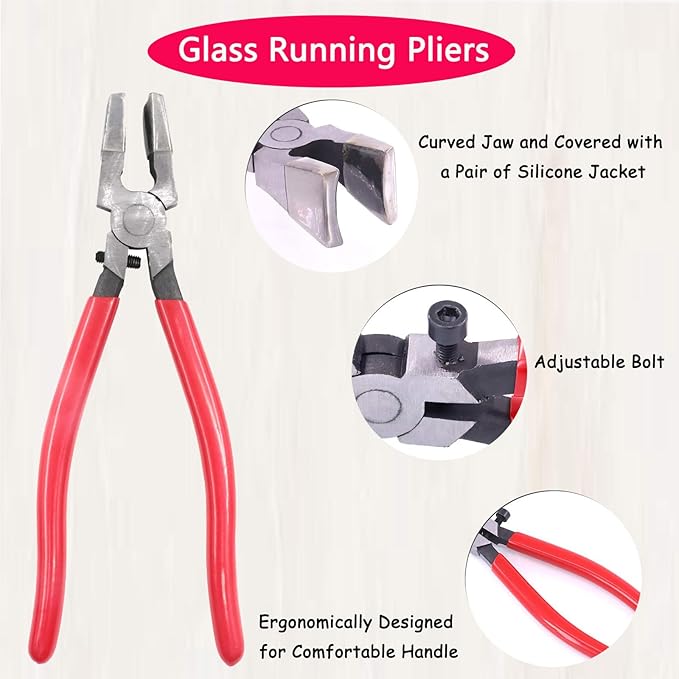 2 Pcs Glass Running Pliers and Breaker Grozer Pliers Set with Rubber Tips for Stained Glass, Mosaics, Heavy Duty Glass Cutting, and Crafting Projects – Professional Glass Cutting Tools