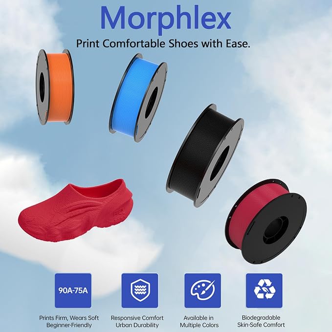 BIQU MorPhlex Flexible Filament 1.75mm, Turn 90A Into Ultra-Soft 75A with High Flexibility, 1Kg (2.2lbs) Spool - Dimensional Accuracy ±0.02 mm, Beginner-Friendly (Red)