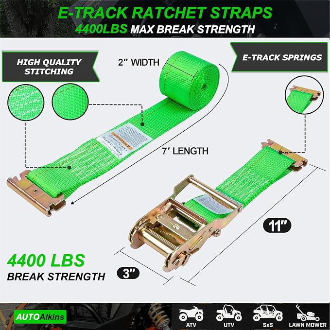 Wheel Chock Tie Down Kit, 4,400lb Break Strength — 4 Heavy Duty E-Track Tire Ratchet Straps & 8 Steel Wheel Chocks, Complete Trailer Tie Down System for ATV, UTV, Lawn Mower & SxS (Green)