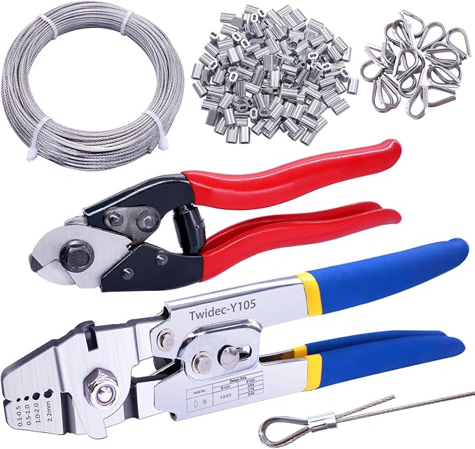 Twidec/222PCS 8 Sizes Aluminum Crimping Loop Sleeve M1.2-M6(3/64''-1/4'') And Wire Rope Crimping Tool Kit Up To 2.2mm Swaging Tool With 165FT 1/16'' 304 stainless steel Wire Rope