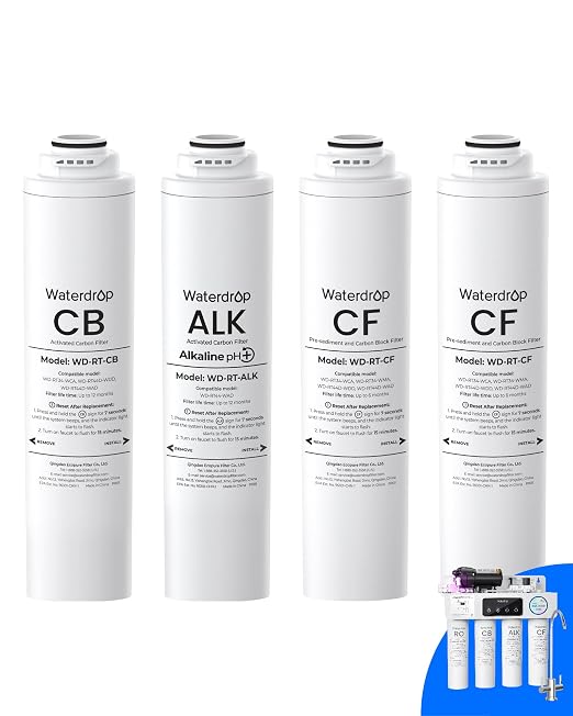 Waterdrop RT-2CFCBALK Filter, Replacement for Waterdrop T4-A Reverse Osmosis System (𝐂𝐅*𝟐 + 𝐂𝐁*𝟏 + 𝐀𝐋𝐊*𝟏), 1-Year Combo