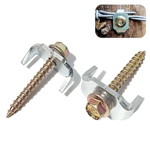 100 Pcs Fencing Fasteners Post Screw with Wire Fixer, Fence Staple for Wire Mesh and Woven Fencing, Quickly Install in Wood with Power Drill