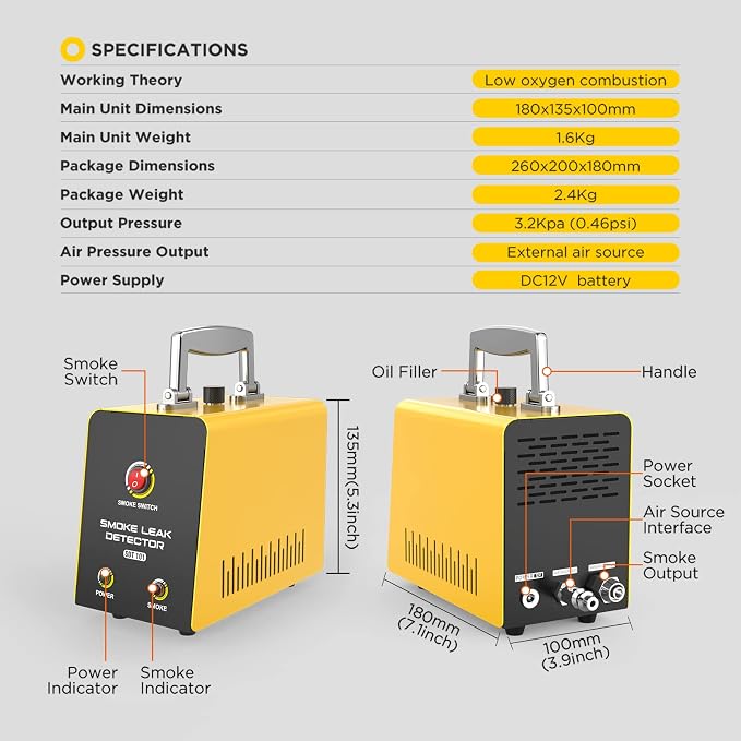 Smoke Leak Detector Locator SDT101 EVAP Fuel Leak Detectors Car Smoke Machine Leak Detector Car Pipe Leakage Tester EVAP Smoke Tester for 12V All Vehicles