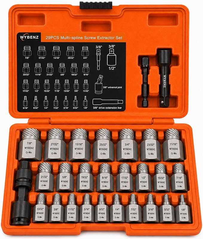 29Pcs Screw Extractor Set, 3/8" Inch Drive Easy Out Bolt Extractor Set, Multi-Spline Stripped Screw Extractor Kit, Bolt Remover for Broken Bolts, Nuts & Screws, with Extension & Adapter Accessories
