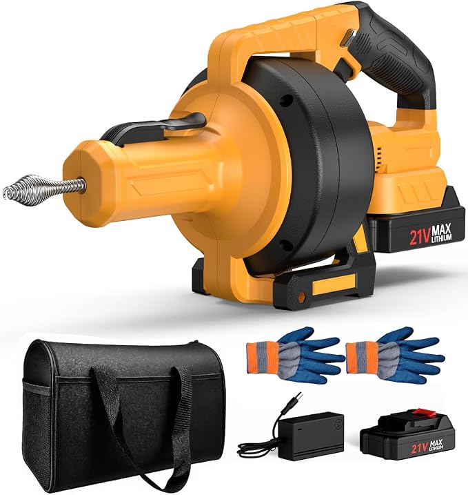 Ublue 21V Cordless Electric Drain Auger, 25Ft Auto Feed Drain Snake for Clog Remover with 2.0Ah Battery, Plumbing Snake for Sink Toilet Bathroom Shower Pipes 3/4"-2.95", Included Bag Gloves Rag
