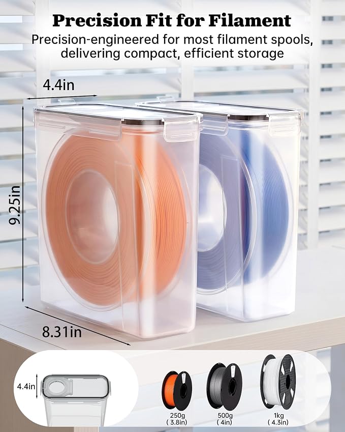 3D Printer Filament Storage Box, 4-Pack Airtight Containers for 1kg | Airtight silicone gasket and locking clips protect 1kg filament spools from moisture and dust for stable printing performance