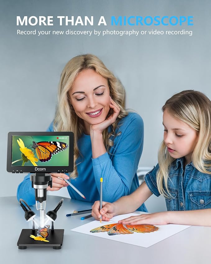 7'' Digital Microscope 1200X, 12MP 1080P Photo/Video Microscope for Adults Soldering Coins,Metal Stand,Wired Remote,10 LED Fill Lights,PC View,Windows/Mac - Black