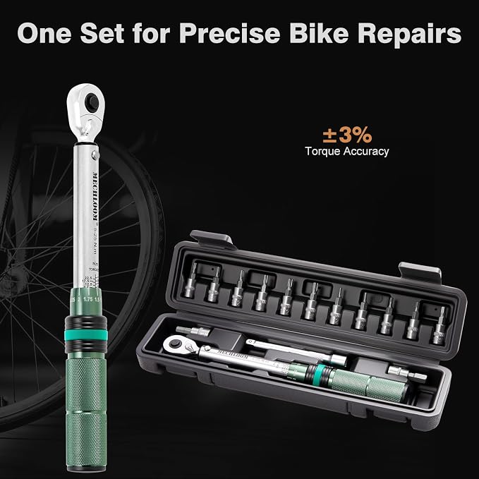 1/4-Inch Torque Wrench, 5–25 Nm, 15-Piece Click Bike Torque Wrench Set with Bits and 4-Inch Extension Bar, Dual-Direction, 0.25 N·m Increments, ±3% Accuracy for Bicycle Maintenance