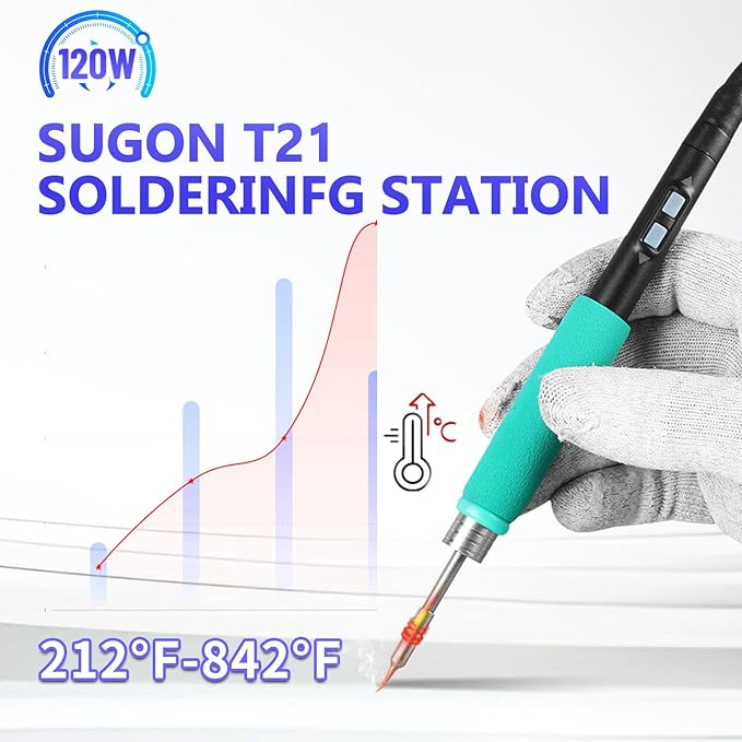 SUGON T21 Digital Soldering Iron Station 120w, Use 9 Soldering Iron Tip 3 Seconds Fast Heat up 716℉, 3 Temperature Memory Storage, 212℉-842℉, Auto Sleep, C / °F, Quick Change Soldering Tip Holder