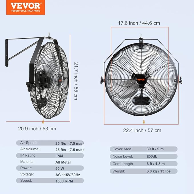 VEVOR Wall Mount Fan, 18 Inch 4150 CFM, 3-speed Wall Mounted Metal Fan