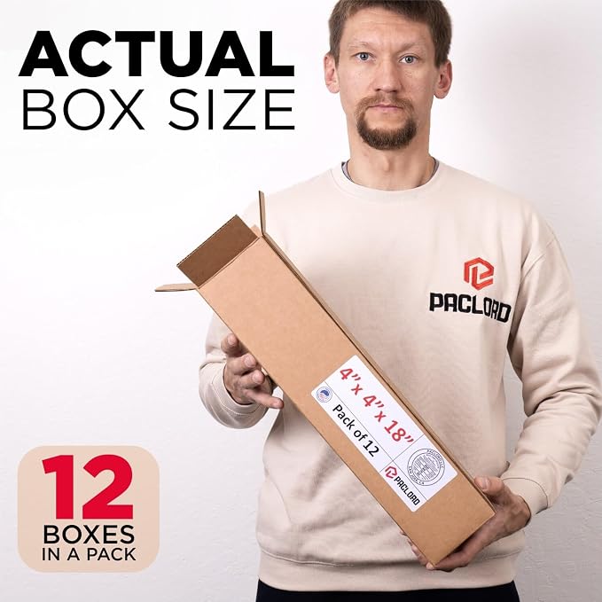 Tall Cardboard Boxes 4"L x 4"W x 18"H (Pack of 12) - USA-Made Packing Boxes for Moving, Shipping, or Storage - USPS, UPS, FedEx Approved - Professional Packing Supplies for Moving | USA-Made Packing Boxes for Moving, Shipping, or Storage - USPS, UPS, F...