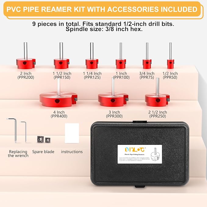 PVC Pipe Reamer, PVC Fitting Saver, 9Pcs Pipe Reamer for SCH40, Includes 1/2 inch, 3/4 inch, 1 inch, 1-1/4inch, 1-1/2inch, 2inch, 2-1/2inch, 3inch, 4inch Head Aluminum with 1 Blades