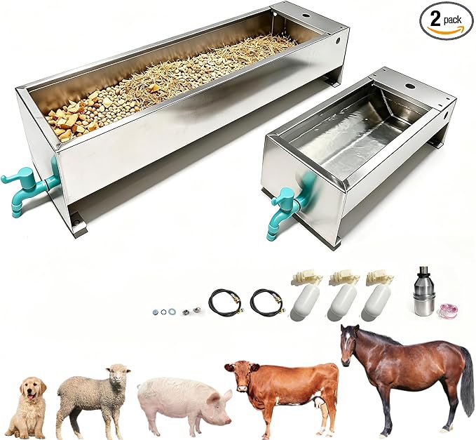 Automatic Livestock Water Trough 12 Gallons & 3 Gallons Livestock Feeding Trough Waterer Animal Stainless Steel Larger Automatic Waterer with Float Valve Kit for Goat Cattle Horse Hog Dog(2 Pack)