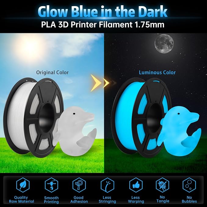 SUNLU Glow in The Dark PLA Filament 1.75mm, Neatly Wound Luminous PLA 3D Printer Filament, Dimensional Accuracy +/- 0.02mm, Fit Most FDM 3D Printers, 1kg Spool (2.2lbs), White to Glow Blue