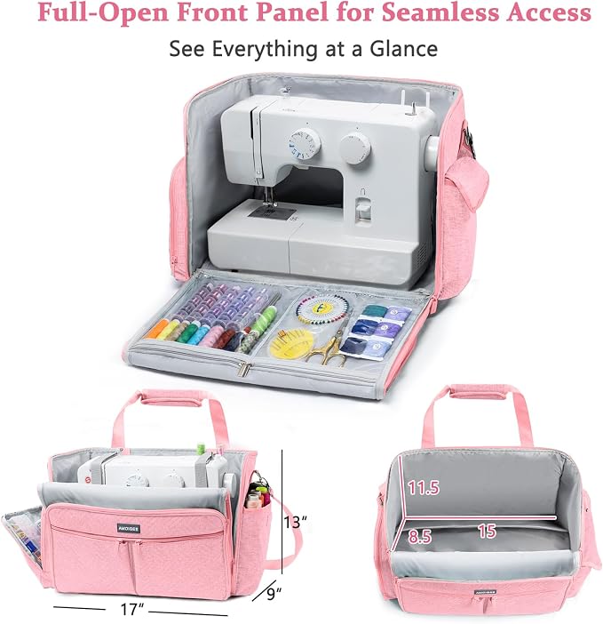 AMOIGEE Full-Open Sewing Machine Case with Wheels, Large Rolling Sewing Machine Bag with Detachable Foldable Dolly, Heavy-Duty Embroidery Tote for Brother Singer Janome Standard Machines Storage