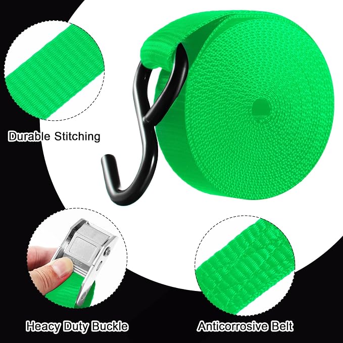Riakrum 16 Pcs Cambuckle Tie Down Straps 1763lbs Break Strength Securing Straps 1'' x 15 ft Cambuckle Tie Downs with S Hook for Motorcycle, Kayak, Car, Truck, Boat Moving, Securing Cargo (Green)
