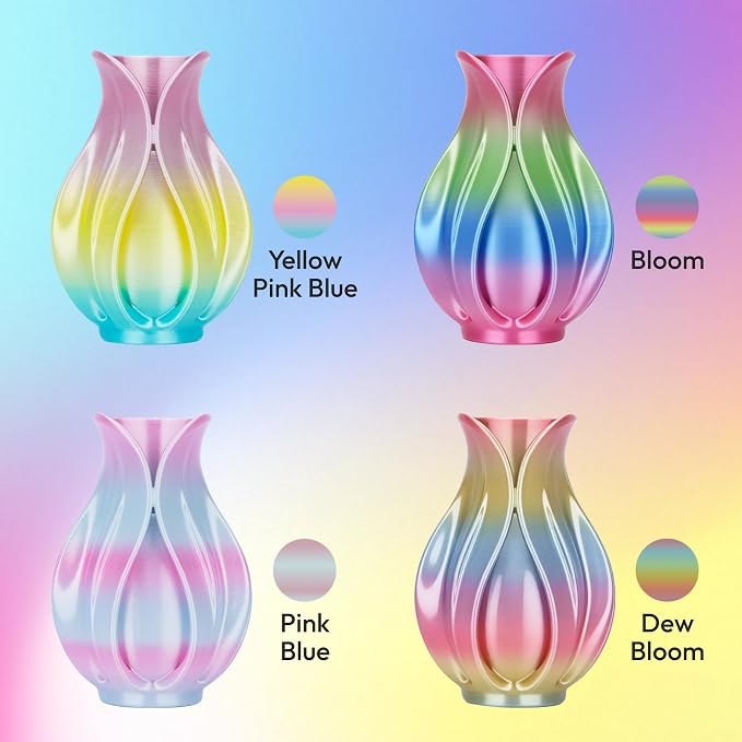AMOLEN Silk Rainbow PLA Filament 1.75mm, Shiny Multicolor Gradient Color Change, 4-Pack 800g (4×200g) Assorted Colors, Dimensional Accuracy ±0.02mm, NO-Tangle & Low Warping, Fits Most FDM 3D Printers