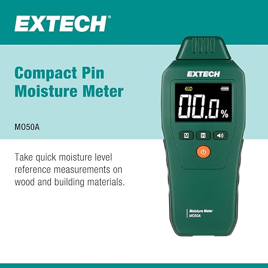 Extech MO50 Compact Pin Moisture Meter with High Contrast LCD & Backlight - Digital Dampness Detector for Wood, Drywall, Concrete, Water Damage Inspection & Building Materials with Audible Alert