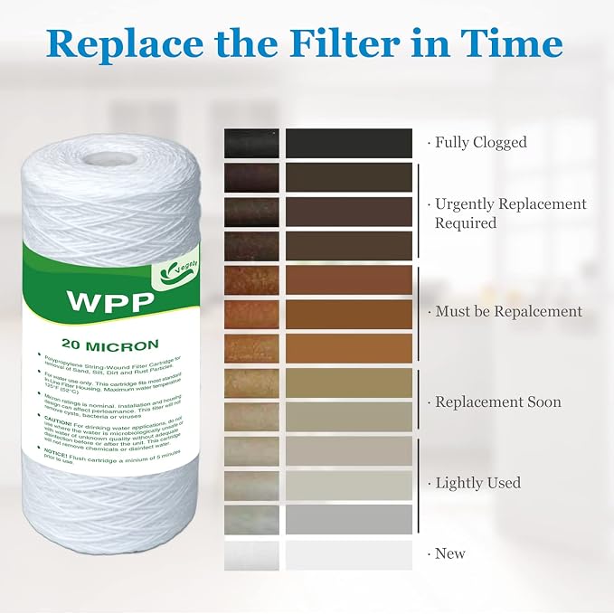 20 Micron Water Filter 10" x 4.5", 10-inch Whole House Heavy Duty String Wound Sediment Pre-Filters for Well Water, Replacement Cartridge for WP25BB97P, RS24, SWC-45-1020, PC10, 4-Pack