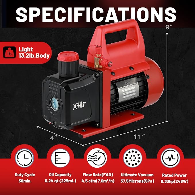 PB Motor Tech Vacuum Pump & Gauge Set - 4.5 CFM Pump with 3 Way Aluminum Manifold Gauge, with Leak Detector & PVC Storage Case - for R134A, R410A, R22, R404A Refrigerants & AC Maintenance