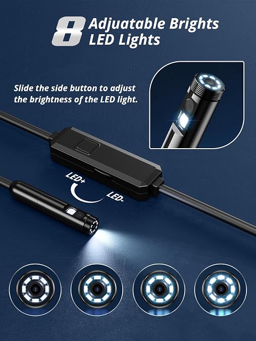 Acoath Endoscope Camera with Light, Dual-Lens 1920P HD Borescope with 8 Adjustable LED Lights, IP67 Waterproof Boroscope Inspection Tools, 33ft Semi-Rigid Snake Camera for iOS & Android