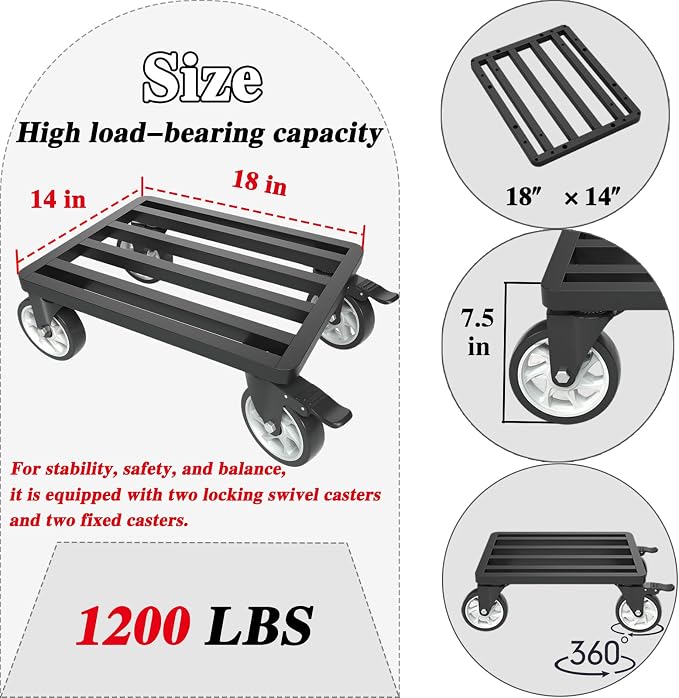 Heavy-Duty Stainless Steel Furniture Dolly, 18'' x 14'' Furniture Mover with 1200LB Capacity, 5'' Swivel Casters & Tie-Down Straps for Secure Transport