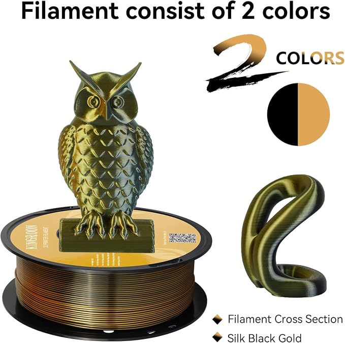 Kingroon PLA Filament, Multicolor Silk PLA Filament, Dual Color 3D Printer Filament, 1.75 mm, Dimensional Accuracy +/- 0.03 mm, 1kg Spool(2.2lbs), Black Gold