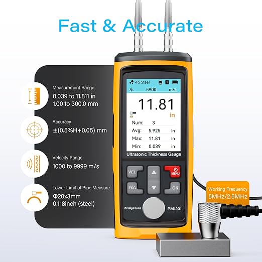 Ultrasonic Thickness Gauge,Range 0.039 to 11.811 inch, Digital Metals Thickness Tester with 2 Probe, Type-C Charging for Steel, Metals, Plastic, Glass, PVC, Pipes