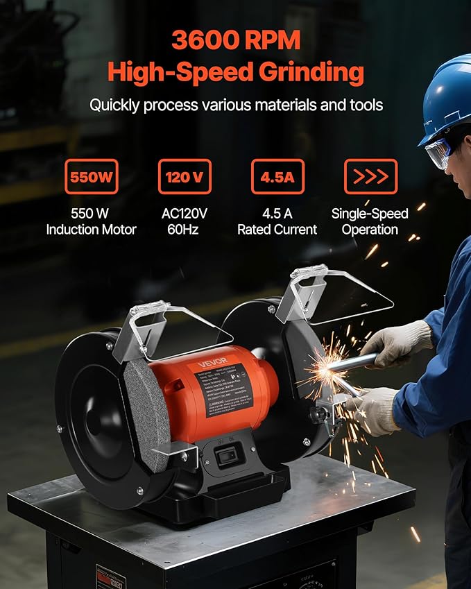 VEVOR Bench Grinder, 8-inch Single Speed, 3450RPM High-Speed Table Grinders with 550W 4.5A 3/4Hp Induction Motor, 36/60-Grit Grinding Wheel & Adjustable Eye Shield for Fast Sharpening Grinding