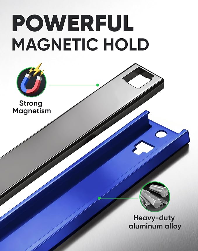 ALOANES Magnetic Socket Organizer Set, 3/8-Inch Drive Heavy Duty Aluminum Socket Rail Organizer, 360° Swivel Clips Socket Holder Kit for Toolbox Drawer Fit 3/8-Inch x 14 Clips (Blue, 1PC)