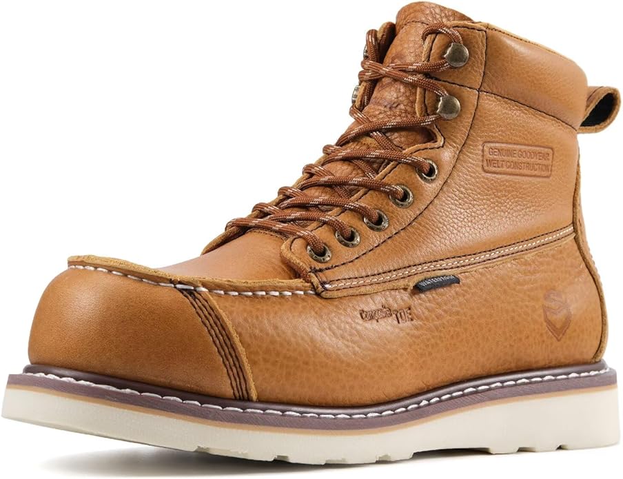 SUREWAY Mens 6" Heavy Duty Waterproof Work Boots - Composite Toe, EH Construction Industrial Safety Leather Boots, Lace Up Moc Toe, Oil/Slip Resistant Comfortable Outsole