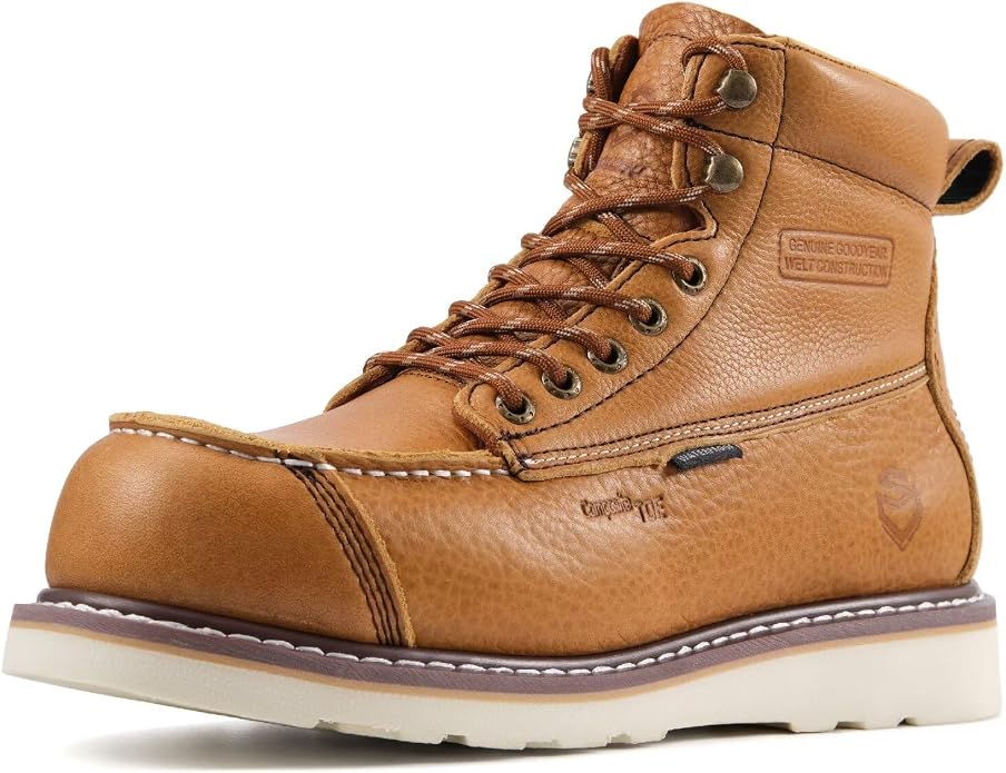 SUREWAY Mens 6" Heavy Duty Waterproof Work Boots - Composite Toe, EH Construction Industrial Safety Leather Boots, Lace Up Moc Toe, Oil/Slip Resistant Comfortable Outsole