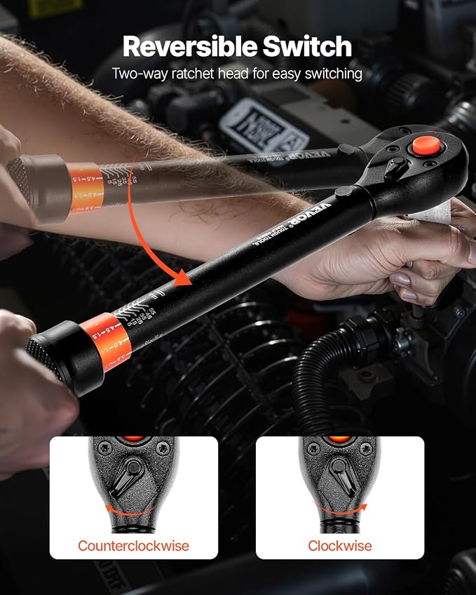 VEVOR 26Pcs Torque Wrench Set, 3/8 Inch Drive, 3.7-44.3FT.LB(5-60Nm), 72-Tooth Click Torque Wrench with Hex/Torx/Spark Plug Sockets, Extension Bars, 1/4 Adapter, for Bicycle Motorcycle Maintenance