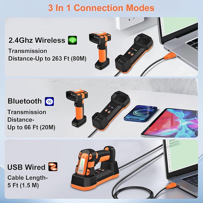 KUIIYER 1D QR 2D Industrial Barcode Scanner with Upgraded Charging Dock, Wireless Bluetooth Professional Bar Code Scanners, USB Plug & Play Handheld Barcode Reader for iPhone, Android, Computers & POS