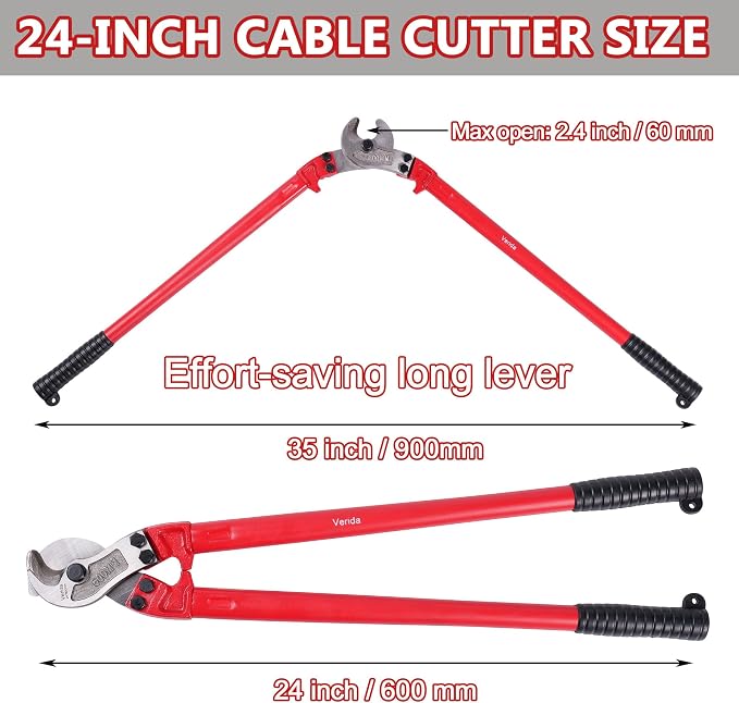 Verida Cable Cutters 24 inch, Heavy-Duty Large Cable Cutter, Chrome vanadium steel, Hardness 62 HRC, Suitable for cutting thick copper and aluminum core cables, Red