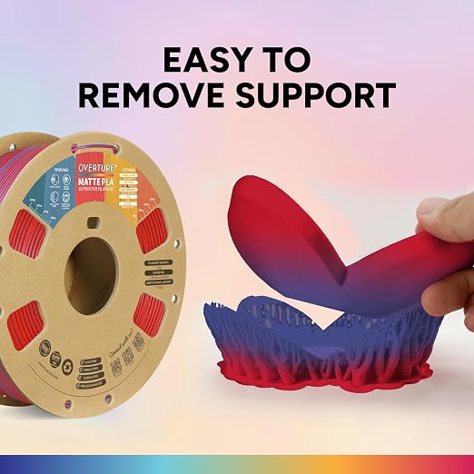 OVERTURE Matte PLA 1.75mm, Low Warp & Smooth Finish 3D Printer Filament | Frosted Matt Finish Hides Layer Lines, 1kg Spool (2.2lbs) Cardboard Spool, Fit Most FDM Printer (Matte Blue-Red)