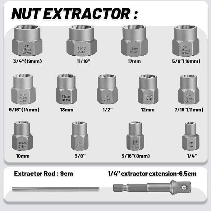 15-Pcs Bolt Extractor Set, 3/8'' Drive Easy Out Bolt Extractor Set, Stripped Bolt Remover Nut Extractor Set for Damaged, Frozen, Rusted Sockets, Rounded-Off Bolts, Nuts & Screws