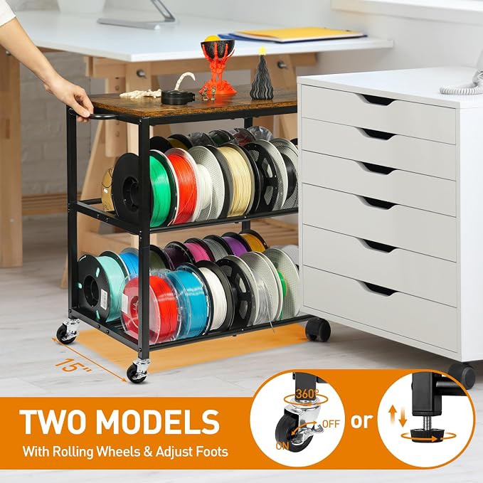 3D Printer Table with Filament Storage-Small 3D Printer Stand for consumables Storage – Space-Saving Cart for 3D Printing Workshop, Studio, Office.Brown.