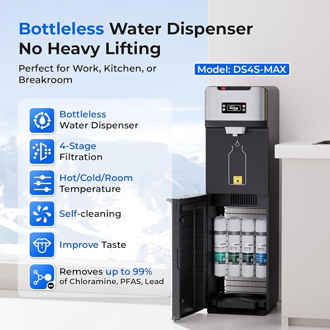 iSpring Bottleless Water Cooler Dispenser with 4-Stage Filtration, SGS-Tested 99% of PFAS, Lead, Chloramine Removal, Hot, Cold, Room Temp, Self Cleaning, Stainless Steel, Silver, Model: DS4S-MAX