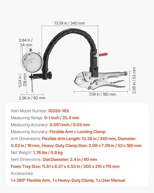 VEVOR Dial Test Indicator with 360-Degree Flexible Arm and 360-Degree Locking Pliers, 0.001 inch Accuracy, 0-1 inch Range, Professional for Machine Set-Up, Narrow Area Measurement, Storage Case