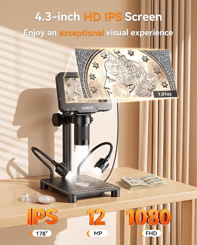 Elikliv Microscope with Weighing Scale, Digital Magnifier for Error Coins, Jewelry Magnifying Glass with Lights, 4.3" LCD Screen 12MP Camera 1080P Video USB PC View for Adults Collectors Supplies