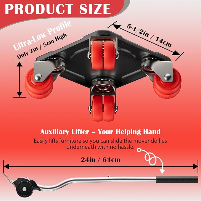 Heavy Duty Furniture Movers with 8 Wheels, Dual-Wheel Caster Square Dollies with Furniture Lifter and Base, 360° Swivel Casters, Non-Slip Pads, Up to 3500 lbs Load Capacity