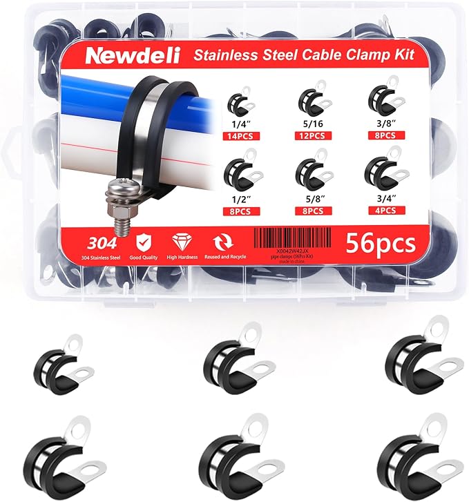 Newdeli 56Pcs Cable Clamps Assortment Kit 6 Sizes 1/4" 5/16" 3/8" 1/2" 5/8" 3/4" Stainless Steel Cable Clamp Rubber Cushioned Hose Clamp Insulated Automotive Wire Pipe Clamps