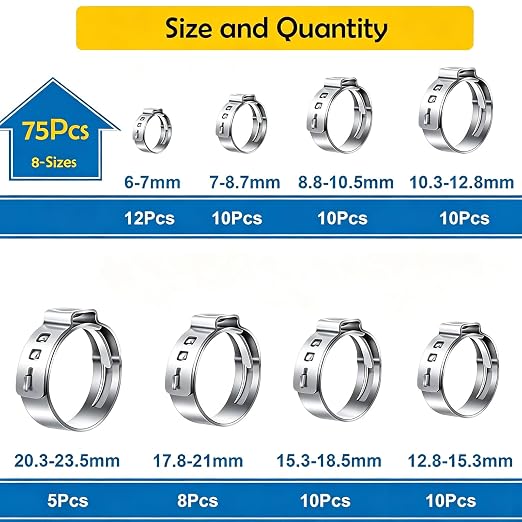 75Pcs 8-Sizes 304 Stainless Steel Single Ear Hose Clamps with Ear clamp plier 6-23.6mm Crimp Hose Clamps Assortment Kit for Auto/Home Appliance/Pipe/Fuel Line Stepless hose clamp with pincer